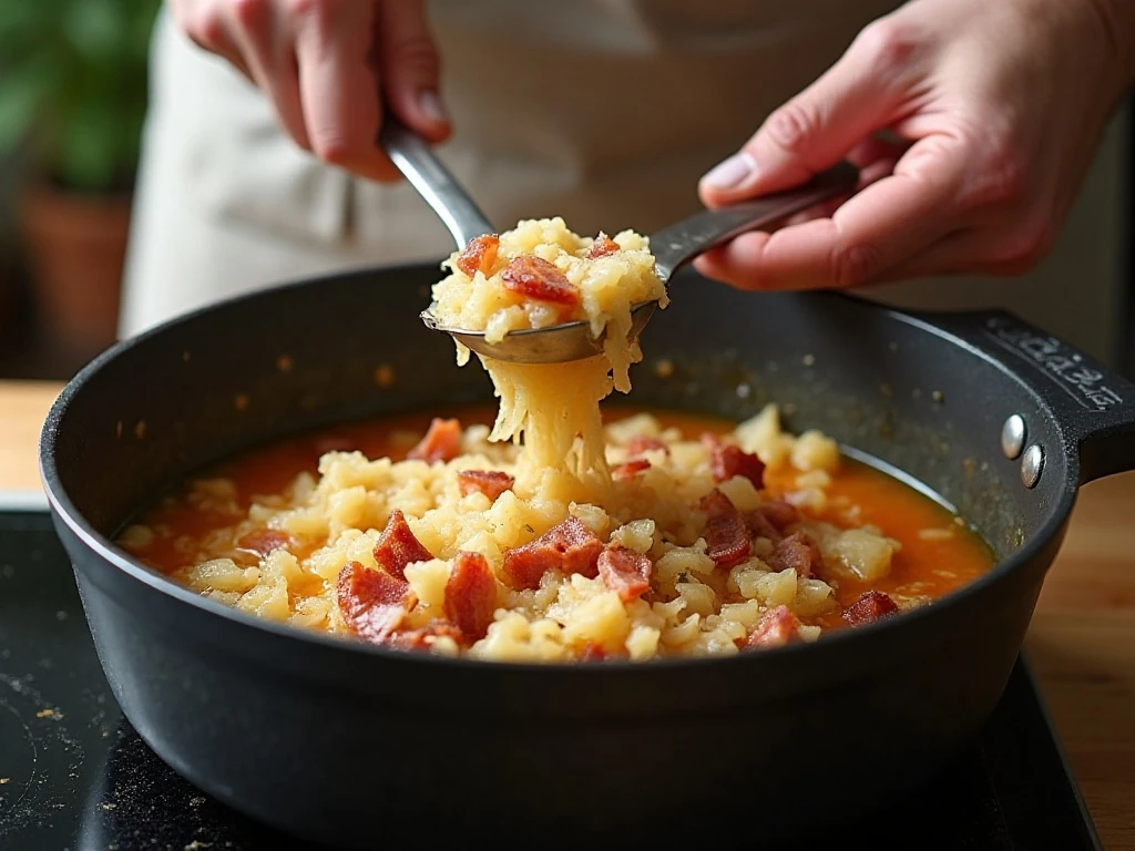 Close-up of flavorful sauerkraut with bacon, apple, onion, and caraway