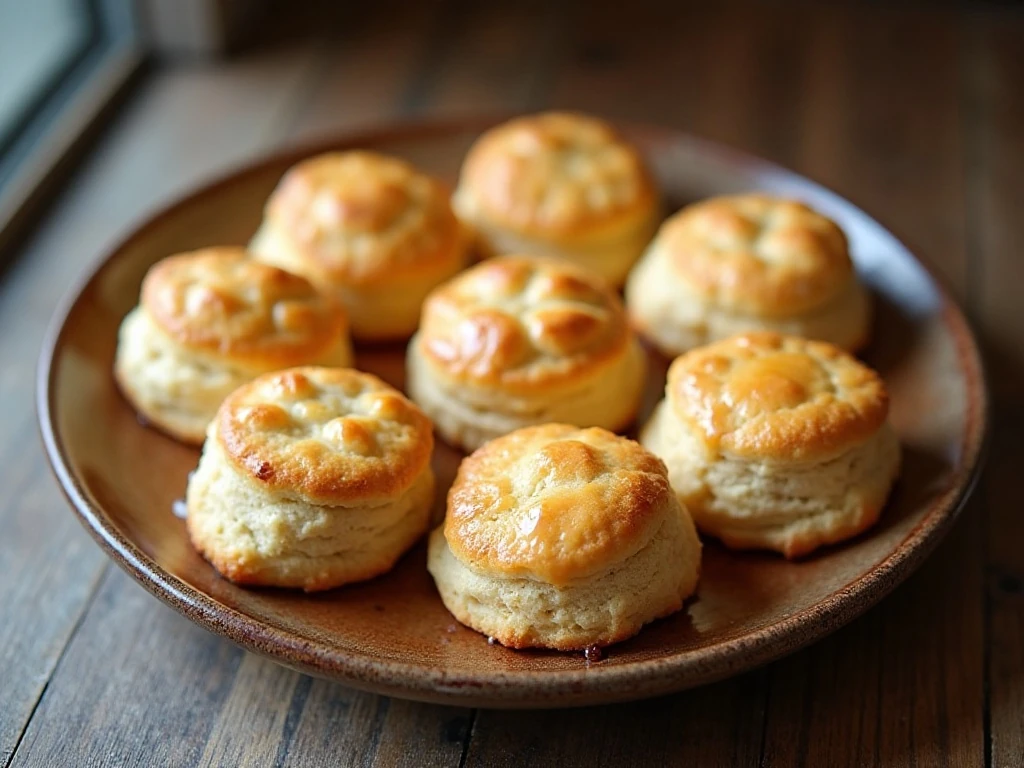 Golden scones with vanilla bean glaze arranged on a serving plate