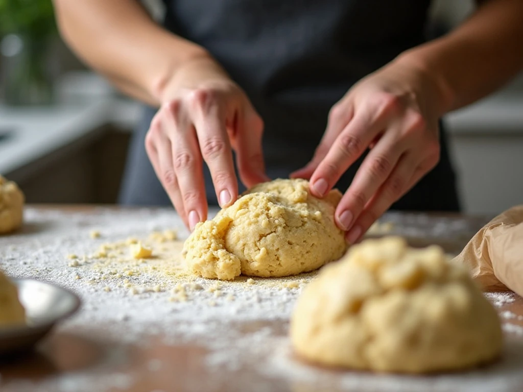 Shaggy scone dough being gently folded before shaping