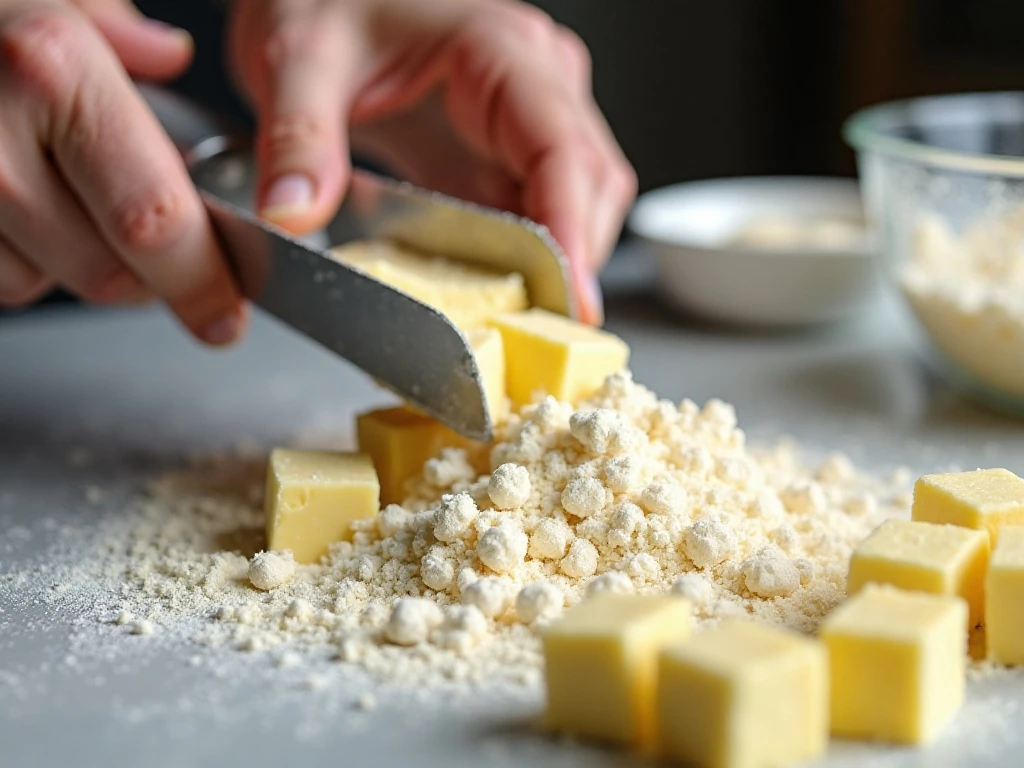 Cold butter cut into flour for flaky scone dough