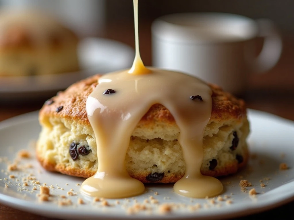 Vanilla bean glaze drizzled over a warm scone