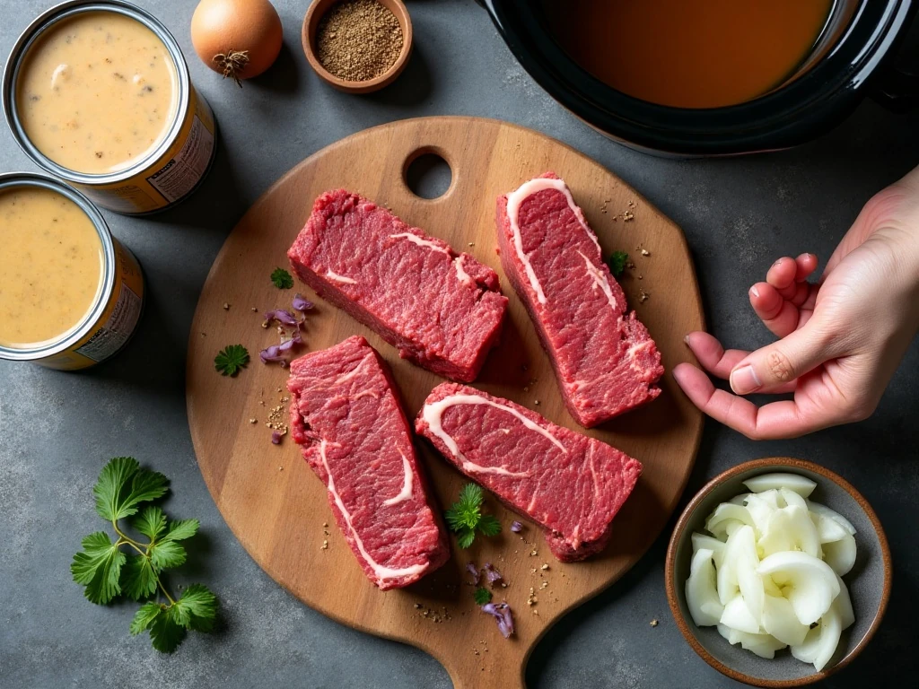 Ingredients for easy Crock Pot cube steak with onion gravy