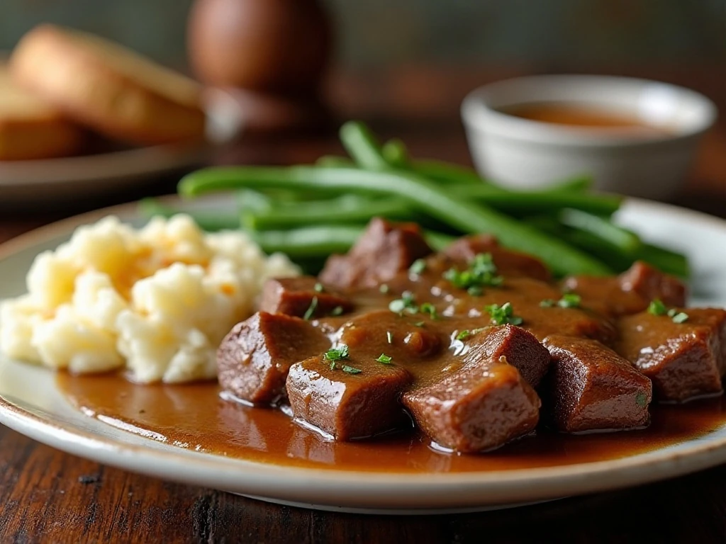 Cube steak dinner with mashed potatoes, gravy, and green beans