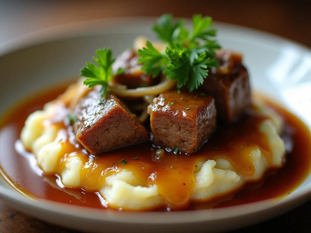 Reheated slow cooker cube steak with gravy and parsley