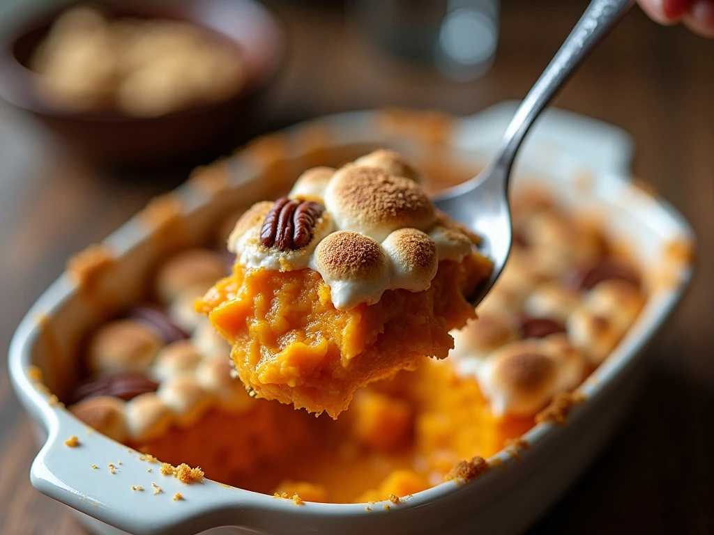 Creamy sweet potato casserole with pecan streusel and toasted marshmallows