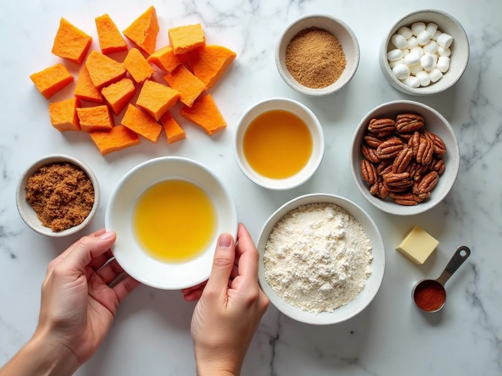 Ingredients for sweet potato casserole with pecan streusel
