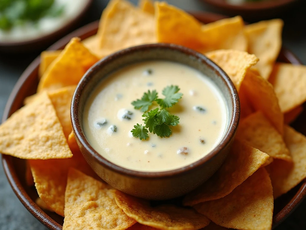 Creamy white queso dip served with tortilla chips