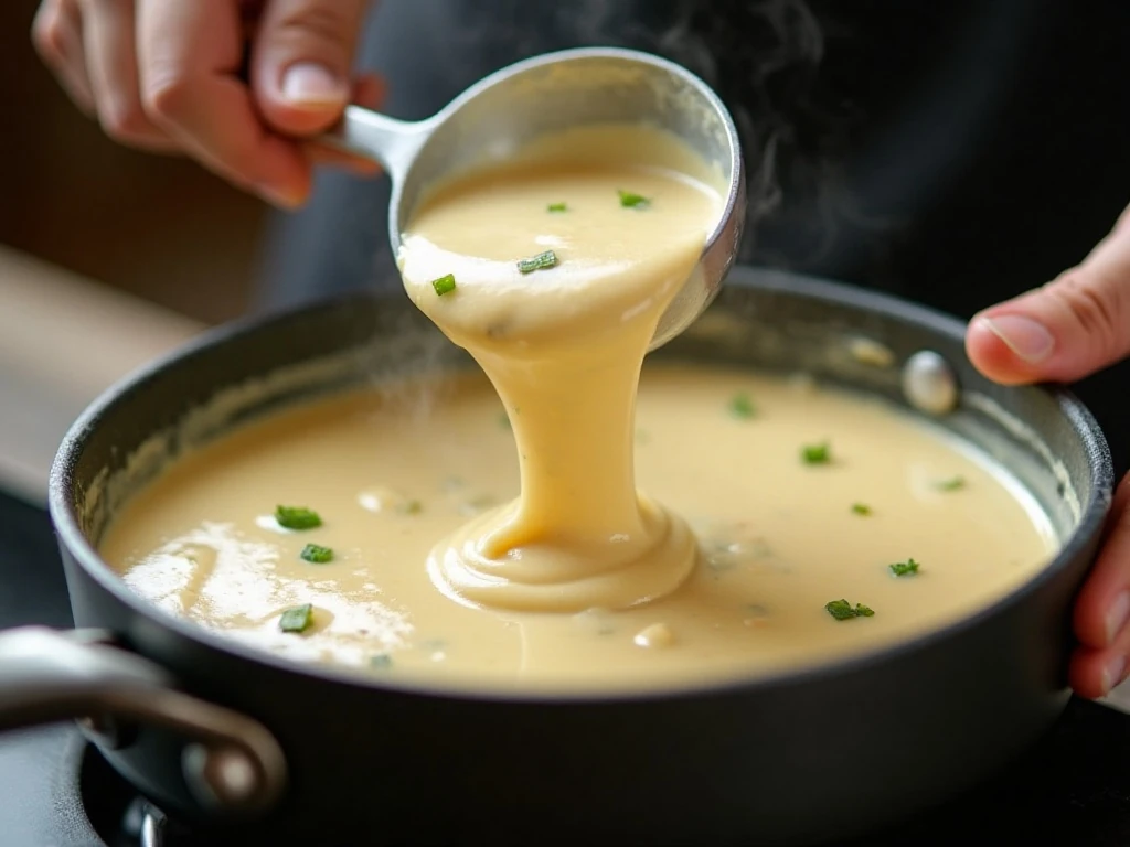 Smooth queso blanco consistency in a saucepan