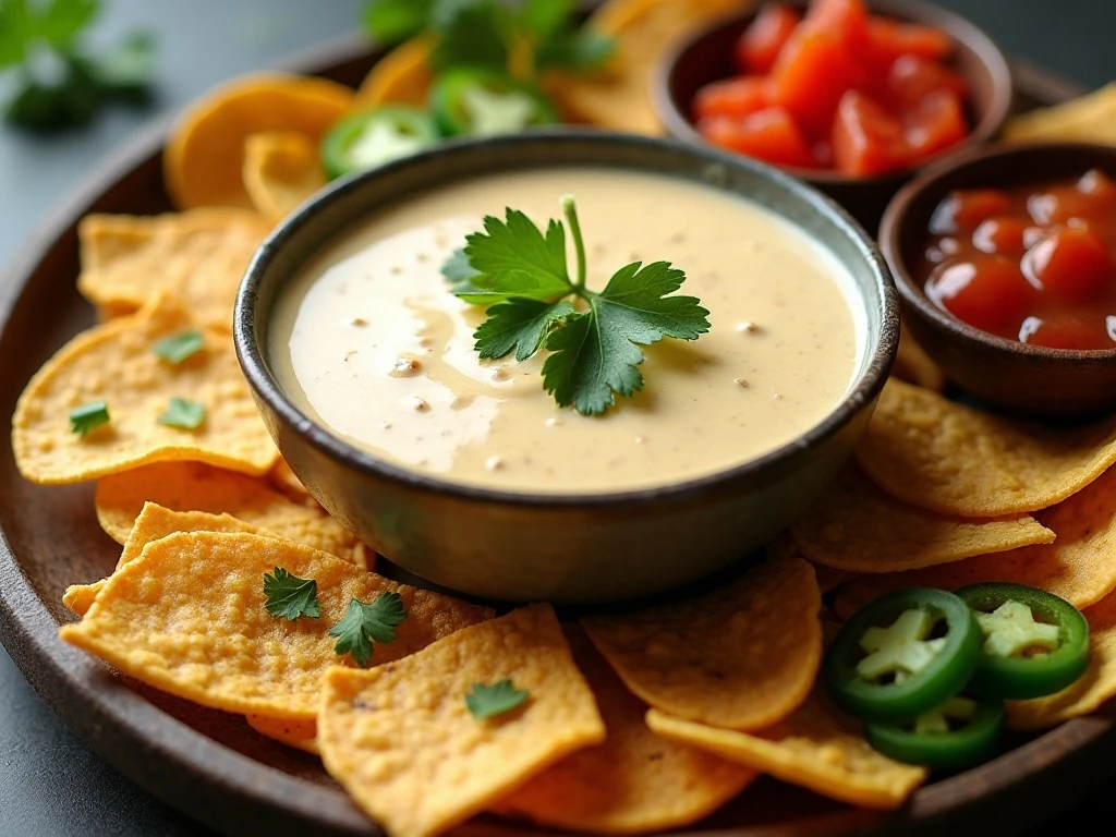 White queso dip appetizer platter with chips and toppings