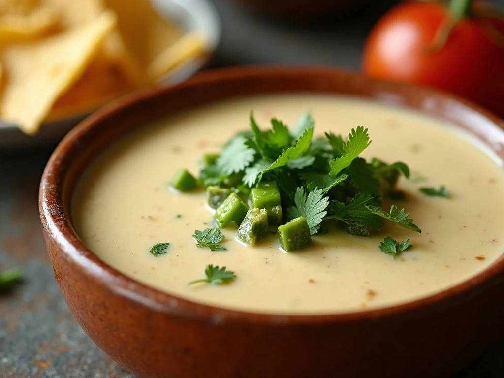 Warm reheated white queso with cilantro garnish