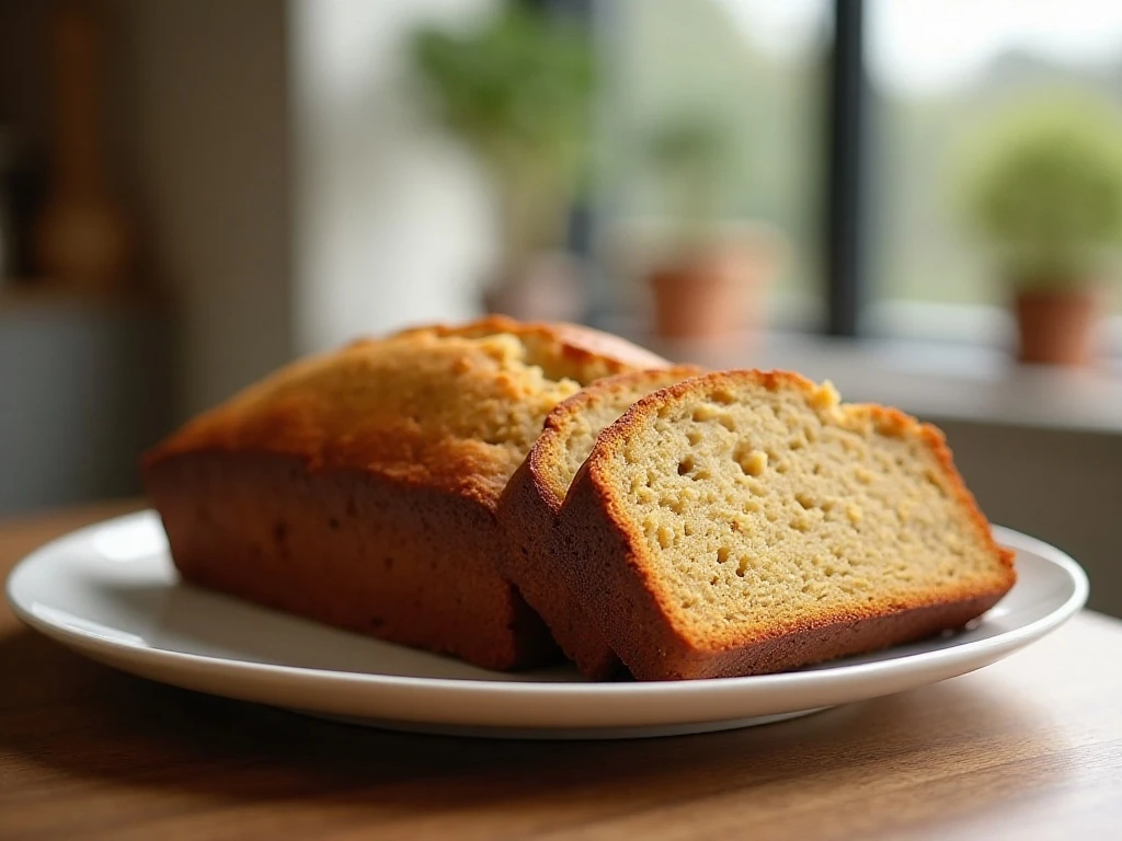 Slices of moist homemade banana bread served on a ceramic plate