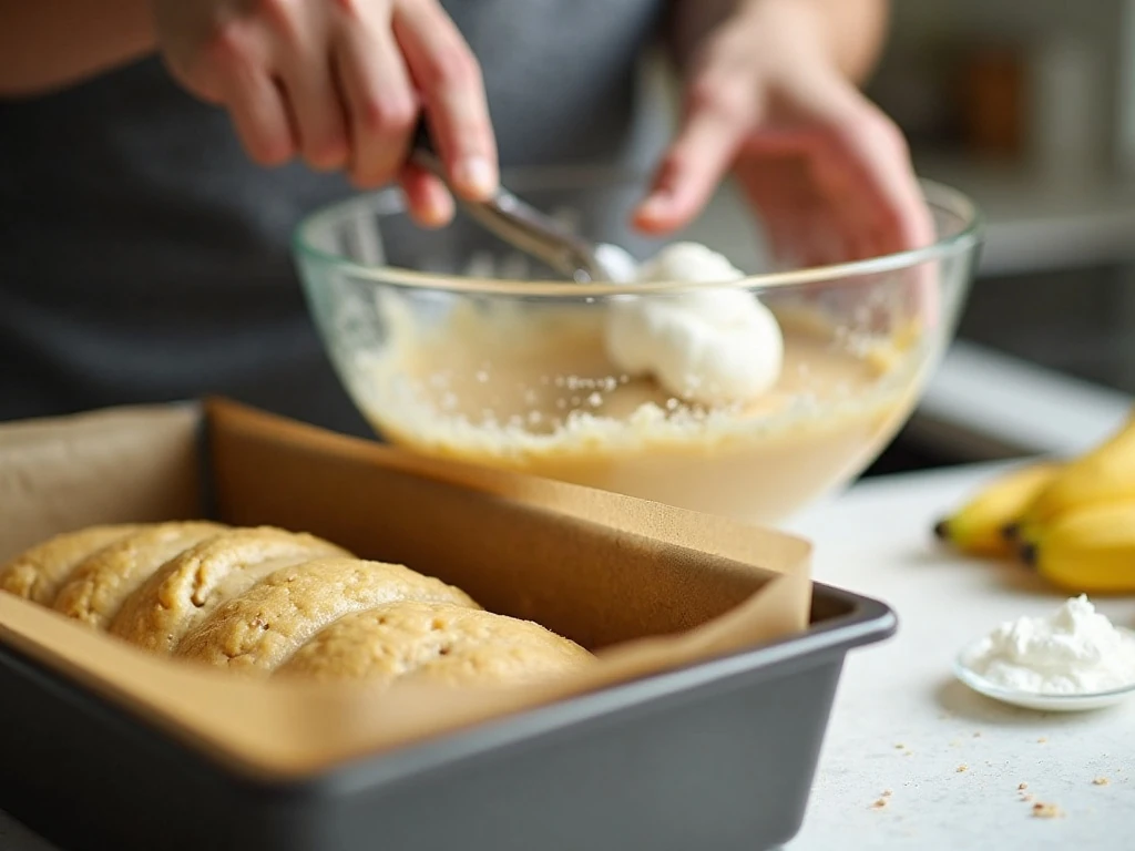 Banana bread batter being gently folded before baking