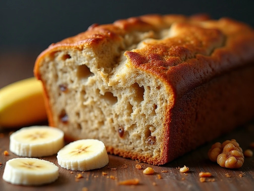 Close-up of tender banana bread crumb with chopped walnuts