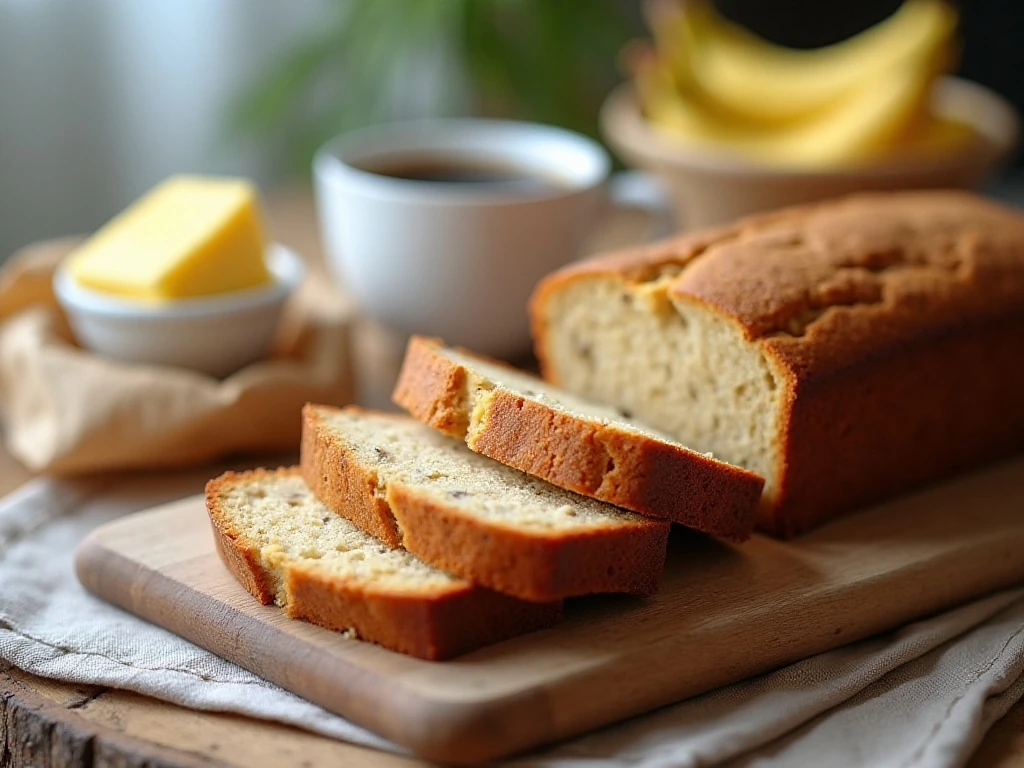 Banana bread slices ready to serve with coffee