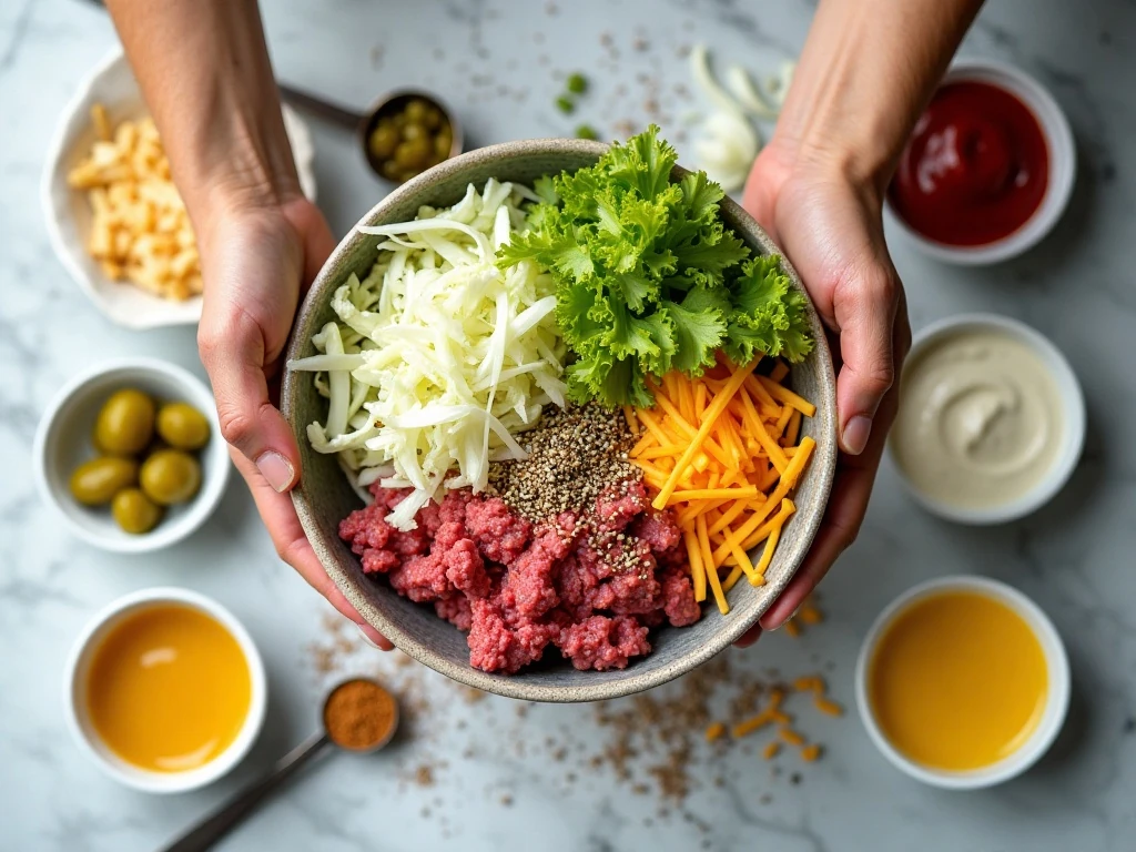 Ingredients for an easy keto Big Mac bowl recipe