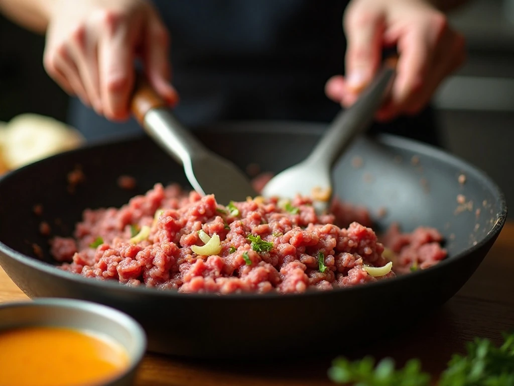 Ground beef and onion browning for a Big Mac bowl