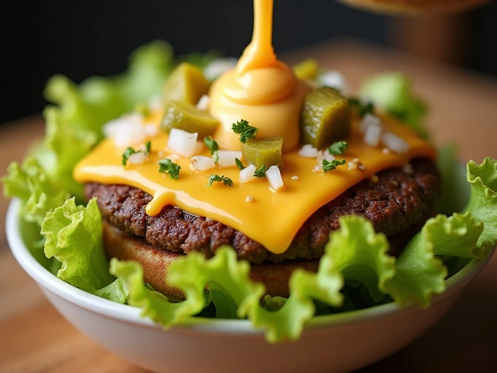 Special sauce and sesame seeds finishing a keto Big Mac bowl