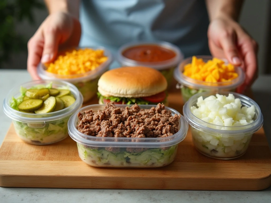 Separate meal prep ingredients for Big Mac bowls