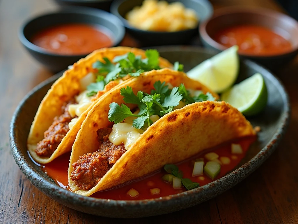 Crispy chicken birria tacos served with consommé, lime, onion, and cilantro
