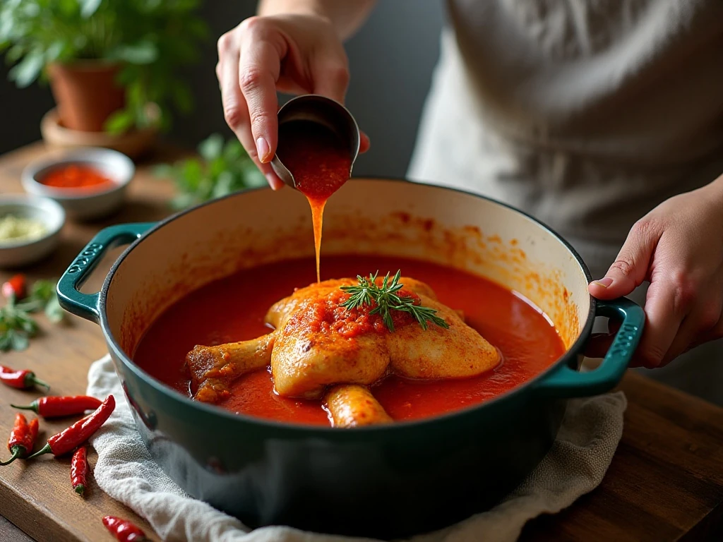 Chicken simmering in red chile consommé for birria tacos