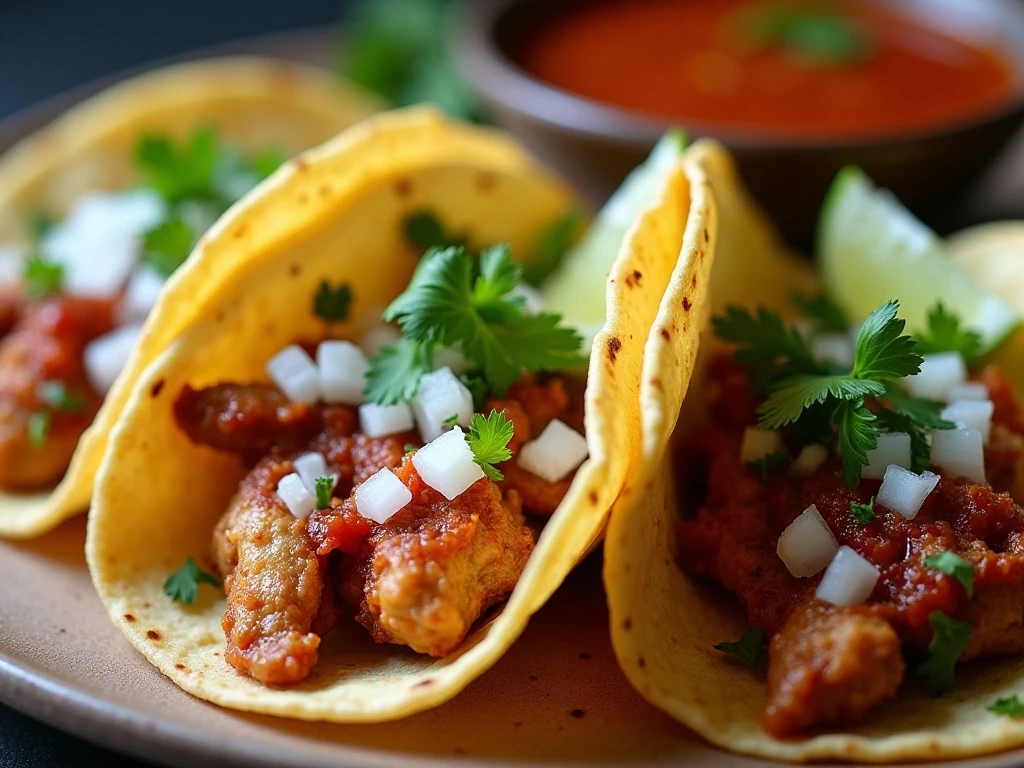 Chicken birria tacos garnished with onion, cilantro, lime, and consommé