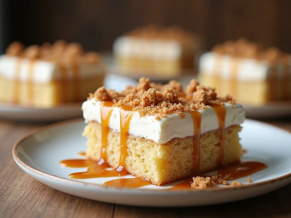 Slice of creamy Lotus Biscoff poke cake with cookie crumbs and drizzle