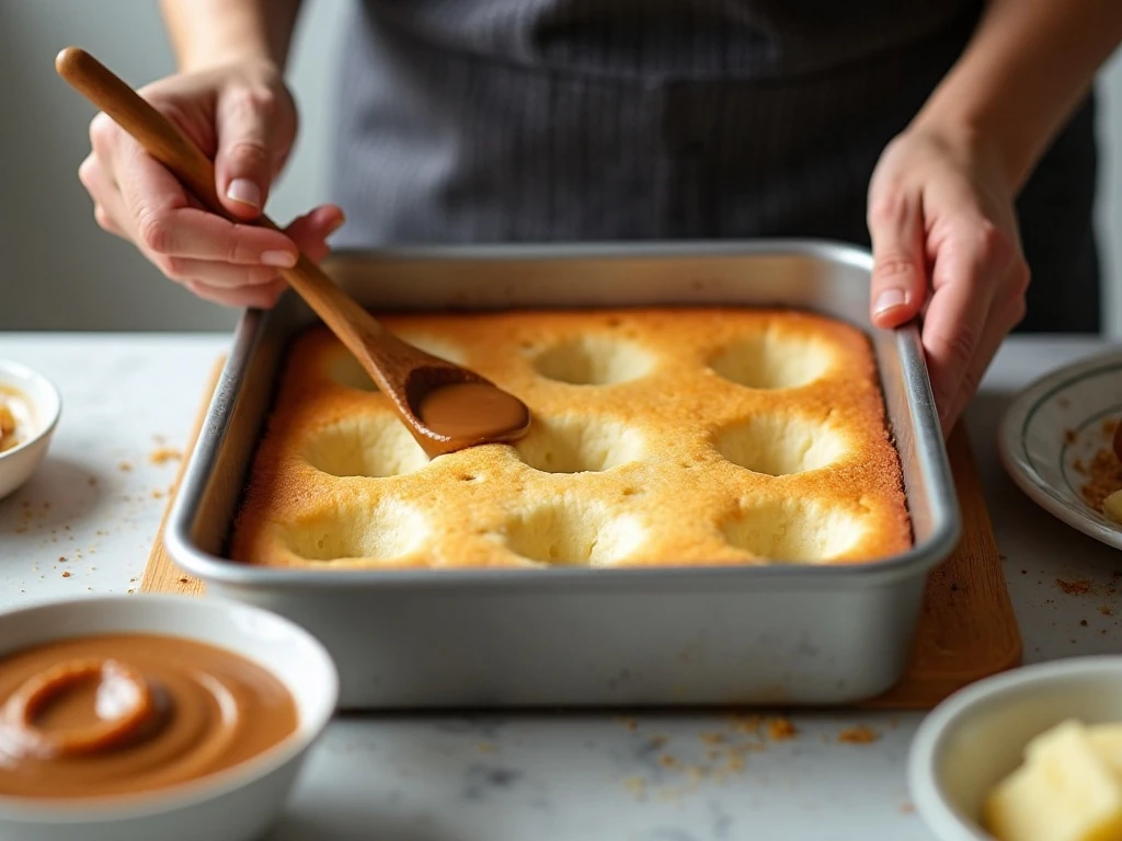 Poking holes into baked cake for Biscoff poke cake filling