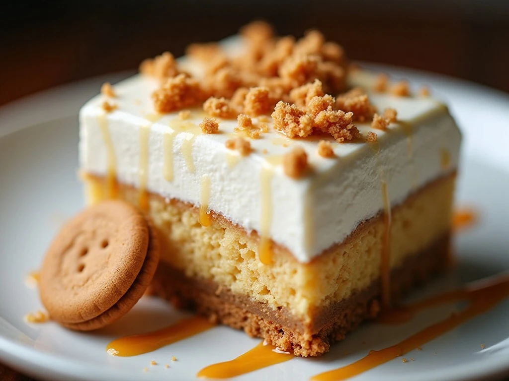 Biscoff cookies and cookie-butter drizzle decorating poke cake