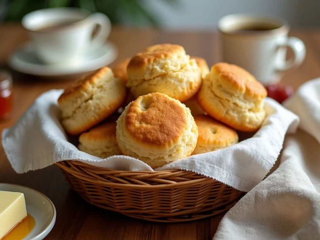 Golden biscuit muffin breads served with butter, honey, and jam