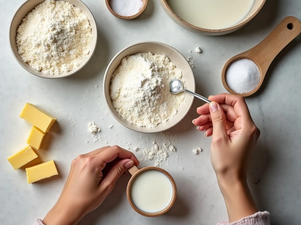 Ingredients for quick biscuit muffin bread arranged for baking