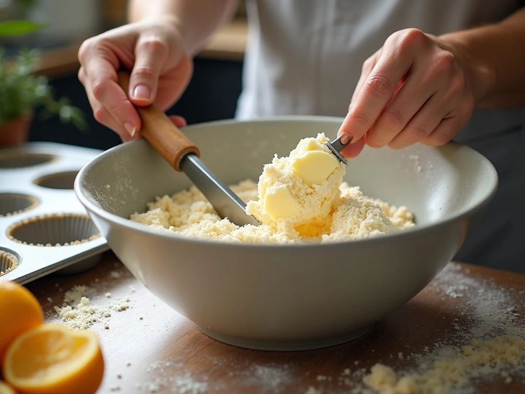 Cutting cold butter into flour for biscuit muffin dough