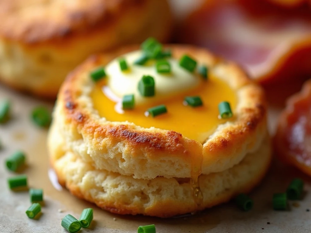 Biscuit muffin topped with butter, honey, chives, and savory toppings