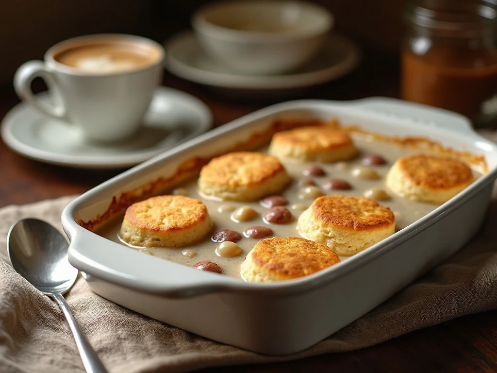 Golden biscuits and gravy casserole ready for a comforting breakfast