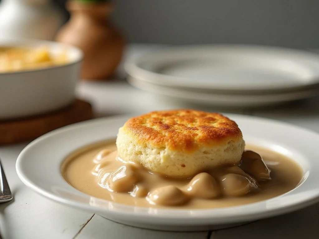 A serving of reheated biscuits and gravy casserole