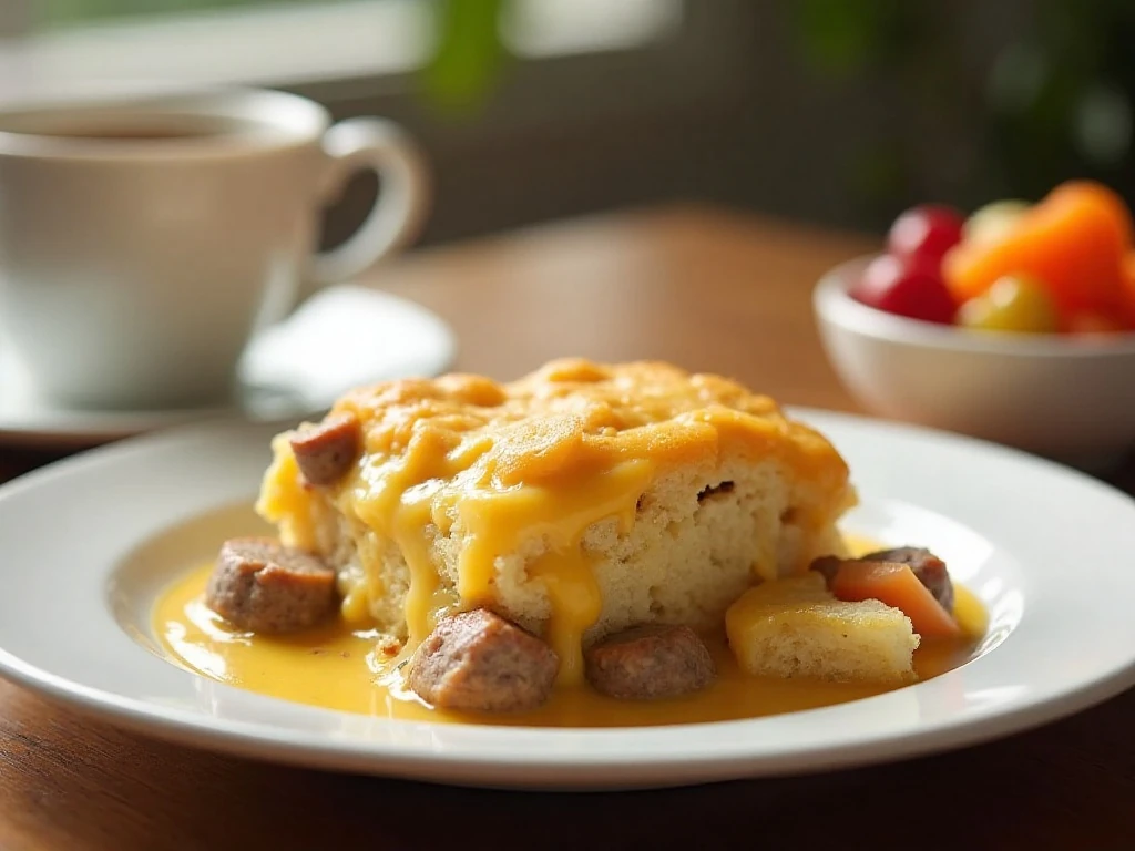 Serving of homemade biscuits and gravy casserole with eggs, sausage, cheese, and gravy