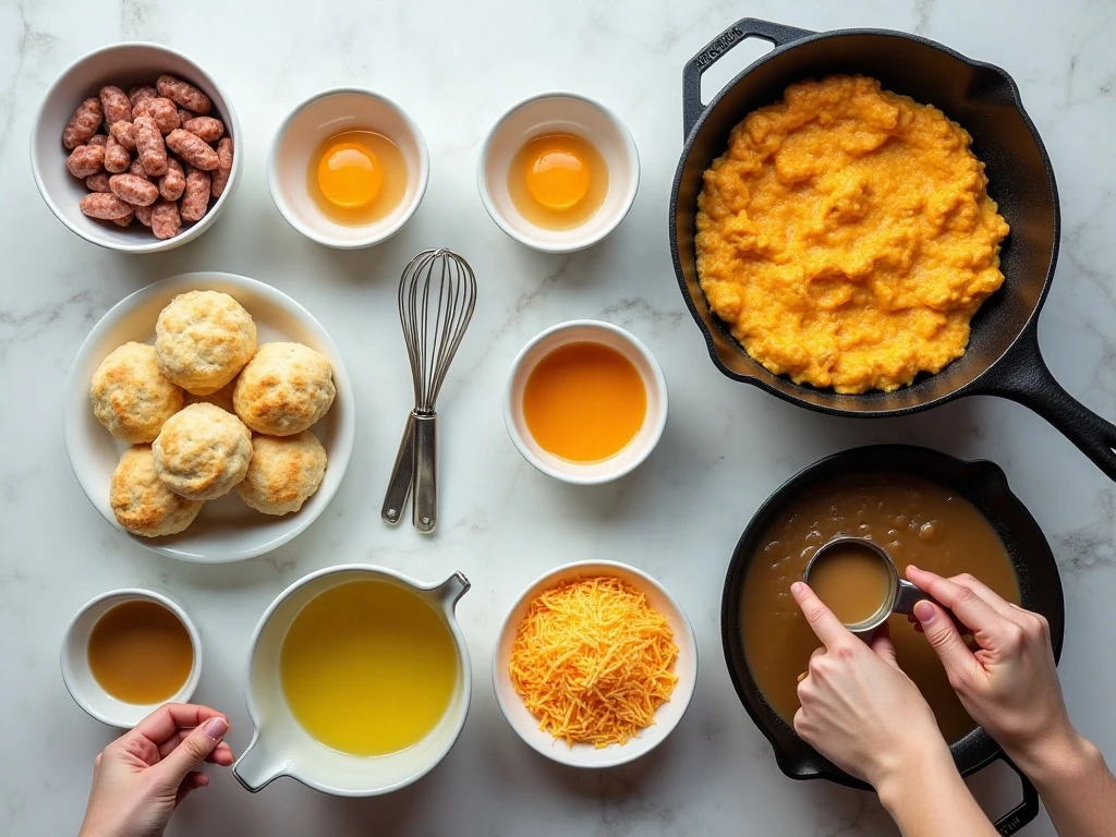 Ingredients for easy biscuits and gravy casserole arranged on a counter