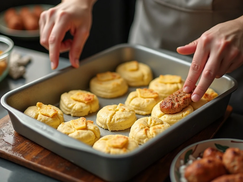 Cut biscuit pieces arranged in a baking dish for biscuits and gravy casserole