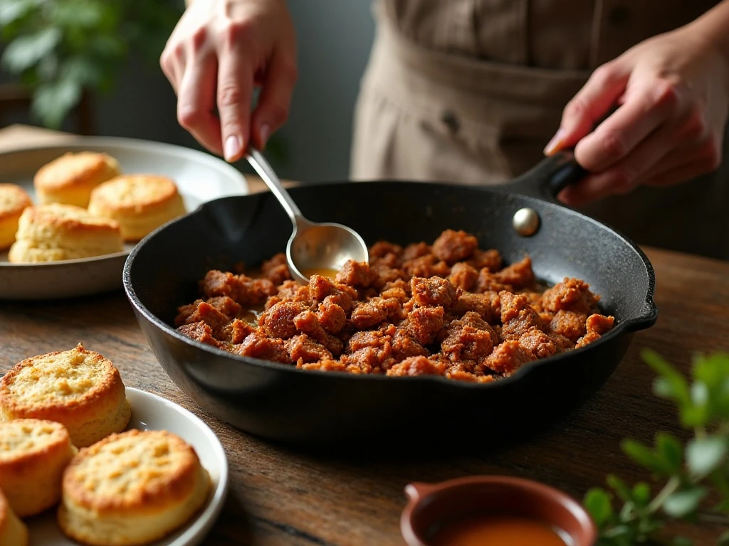 Browned breakfast sausage and prepared gravy for a breakfast casserole