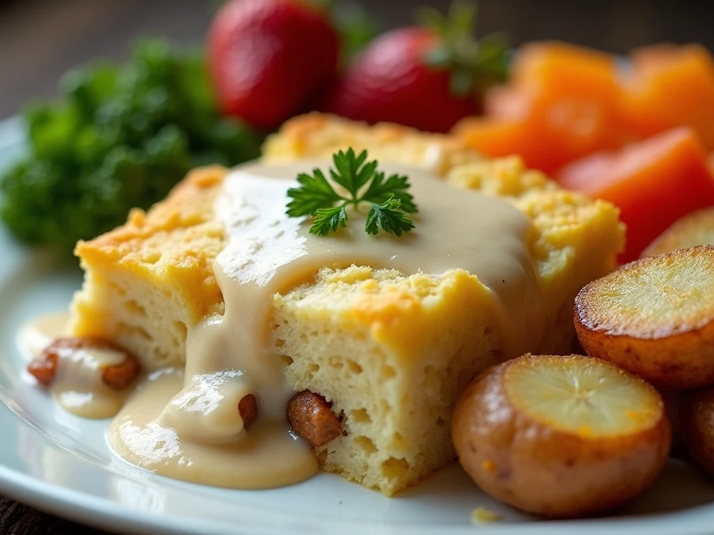 Biscuits and gravy casserole served with roasted potatoes and fresh fruit