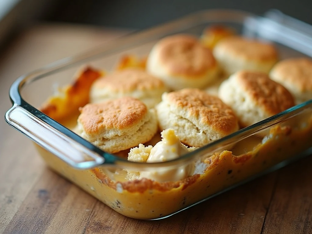 Stored portion of biscuits and gravy casserole ready for reheating