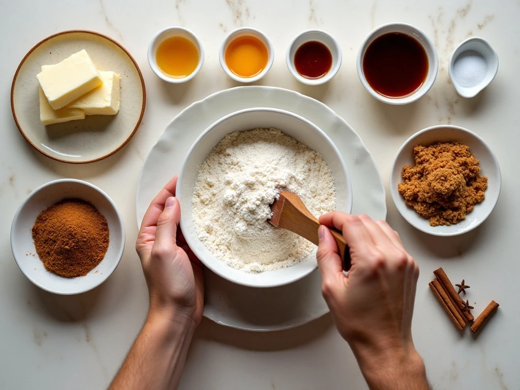 Ingredients for bite-sized gingerbread cookies arranged on a countertop