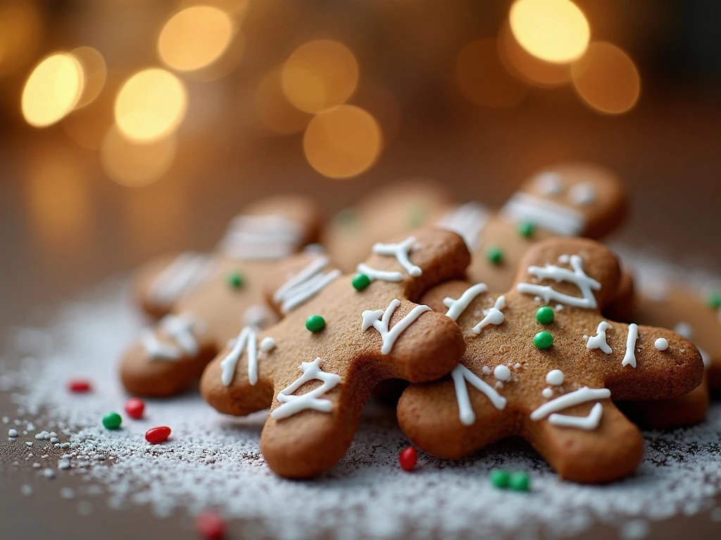 Decorated bite-sized gingerbread cookies with white icing and sprinkles