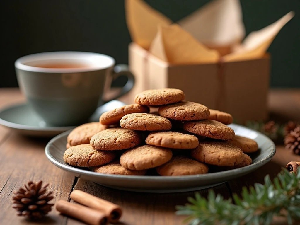 Bite-sized gingerbread cookies served with tea and a holiday gift tin