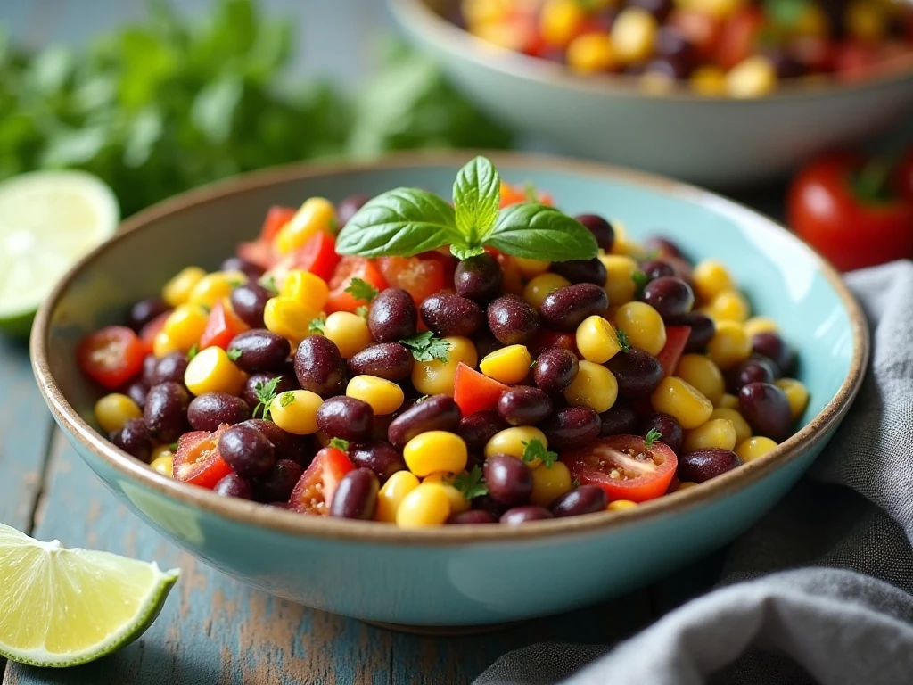 Colorful black bean and corn salad served in a bowl