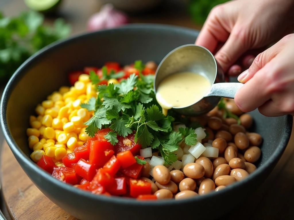 Mixing black bean and corn salad with lime dressing
