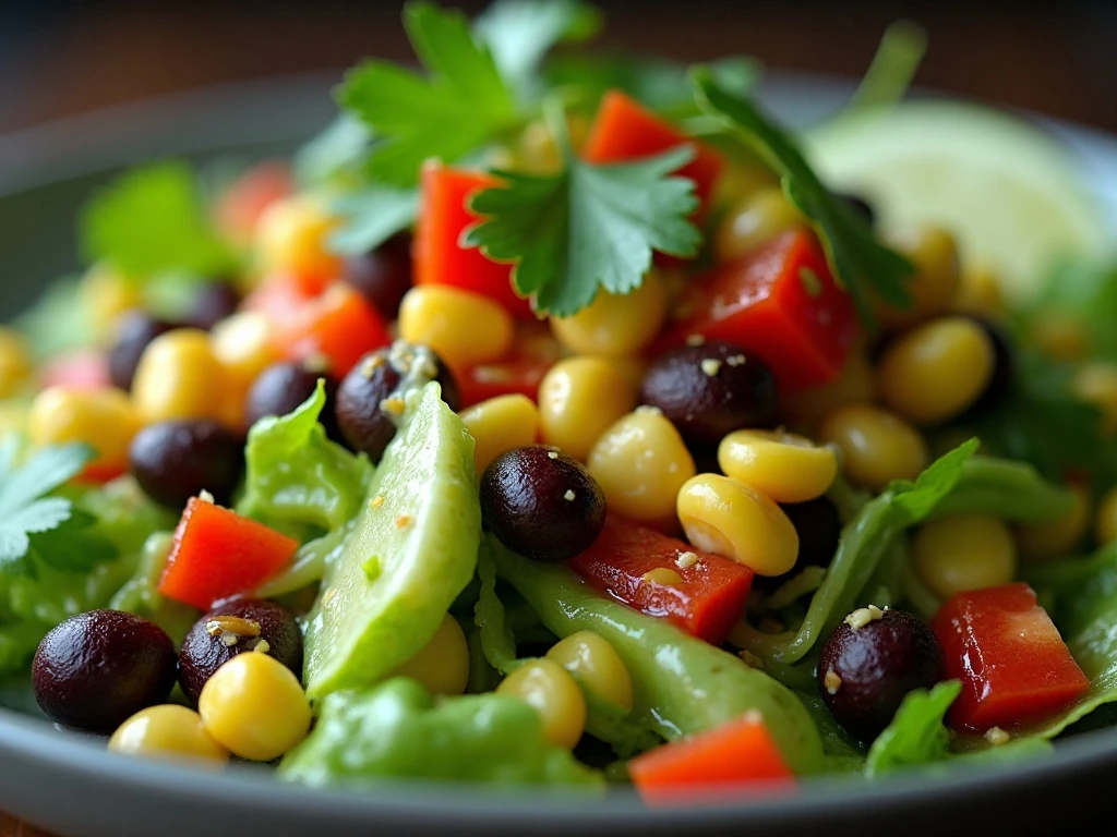 Close-up texture of lime-dressed black bean and corn salad