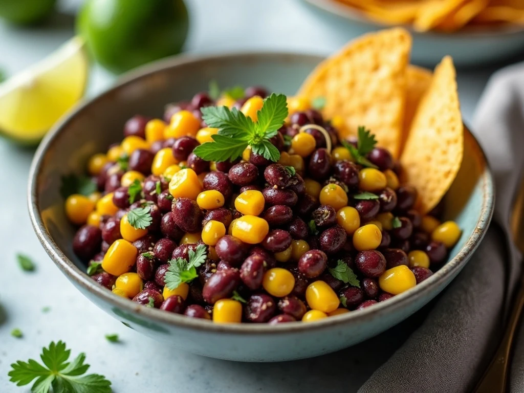 Black bean and corn salad served with tortilla chips