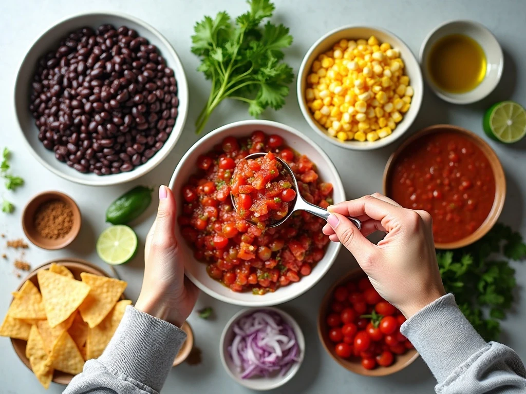Ingredients for easy black bean and corn salsa arranged on a counter