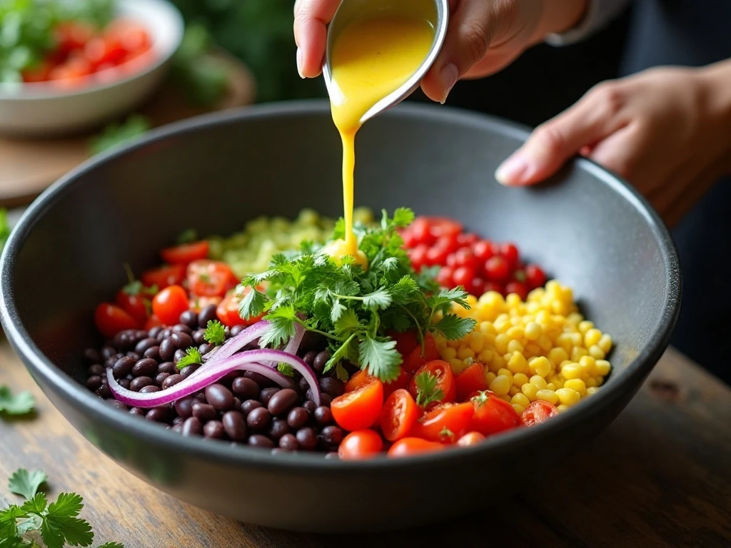 Combining black beans, corn, vegetables, and lime dressing for salsa