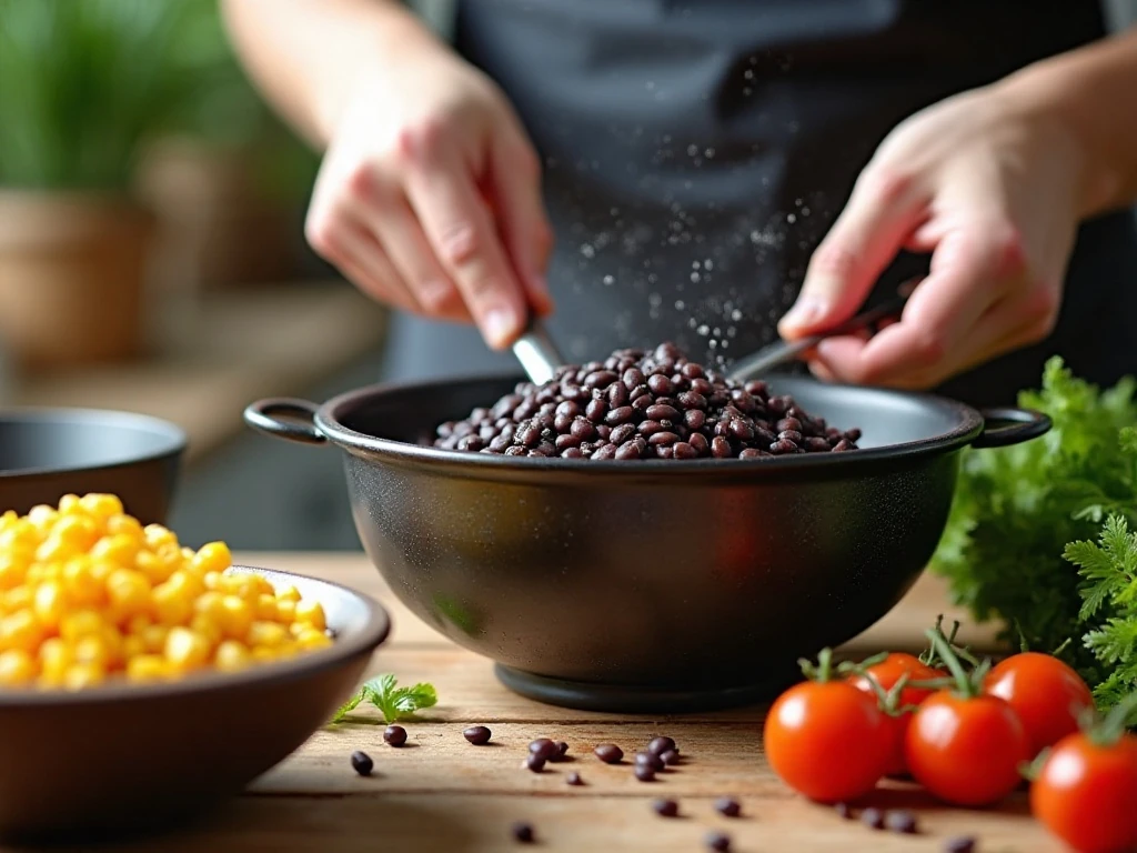 Rinsed beans and drained corn prepared for fresh salsa